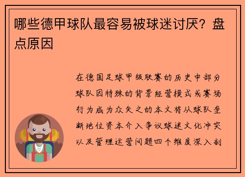 哪些德甲球队最容易被球迷讨厌？盘点原因