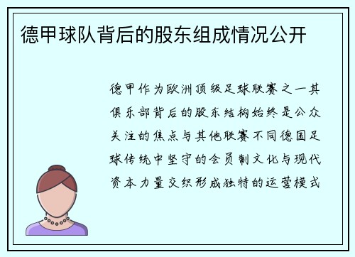 德甲球队背后的股东组成情况公开