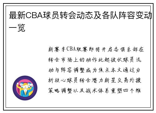 最新CBA球员转会动态及各队阵容变动一览